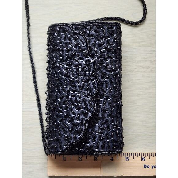 PURSE-HANDBAG-BIJOUX TERNER-Black-Beaded-Beaded Strap-Snap Closure-Clutch - Picture 14 of 15